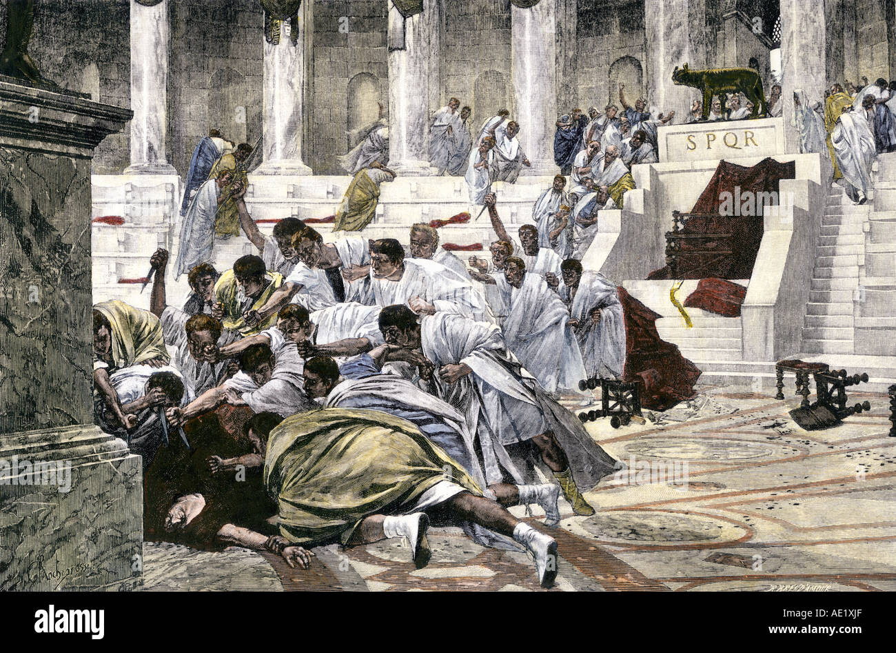 Julius Caesar assassinated in the Roman Senate 44 BC. Hand-colored woodcut Stock Photo