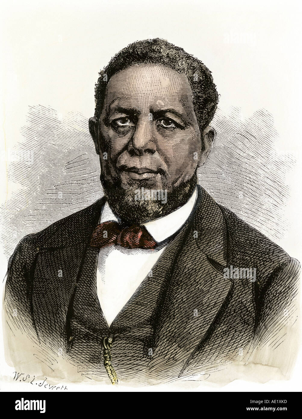 Hiram Revels first black elected to US Senate 1870. Hand-colored woodcut Stock Photo