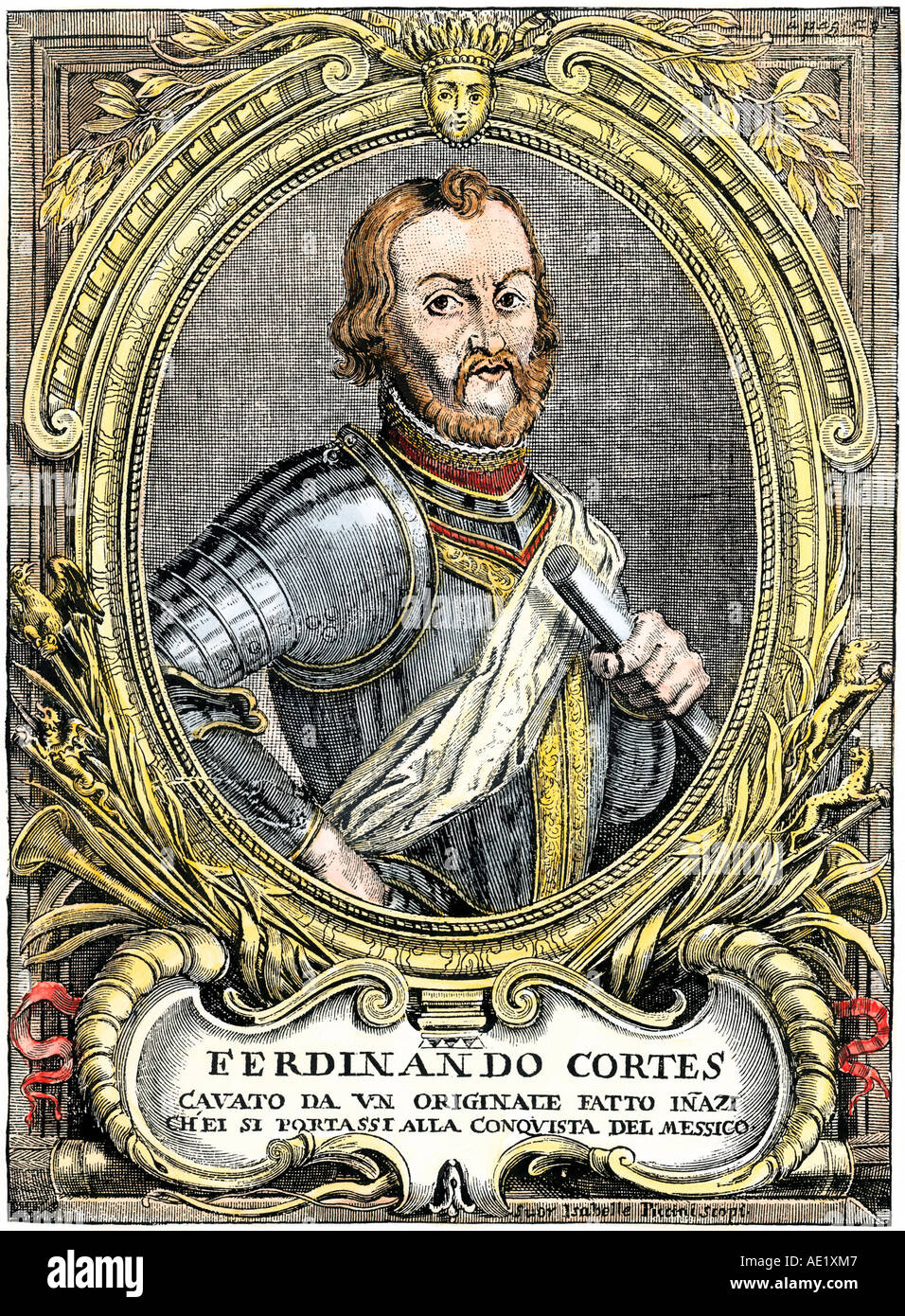 Spanish conquistador and explorer Hernando Cortes. Hand-colored woodcut  Stock Photo - Alamy
