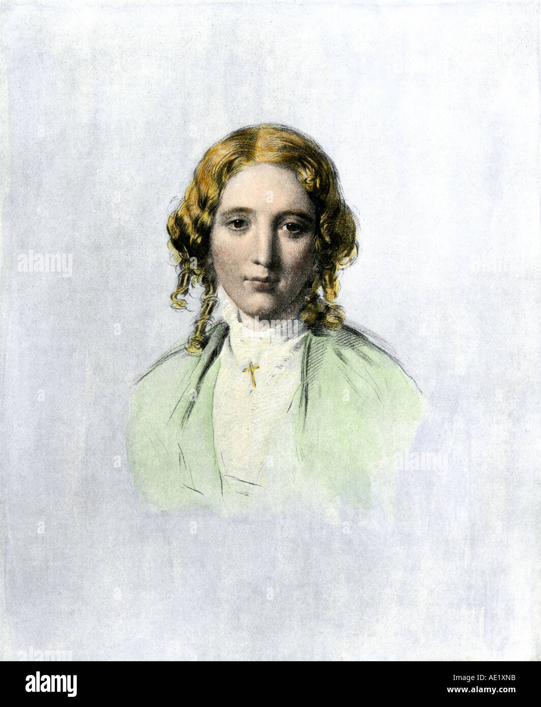 Harriet Beecher Stowe in 1853. Hand-colored woodcut Stock Photo