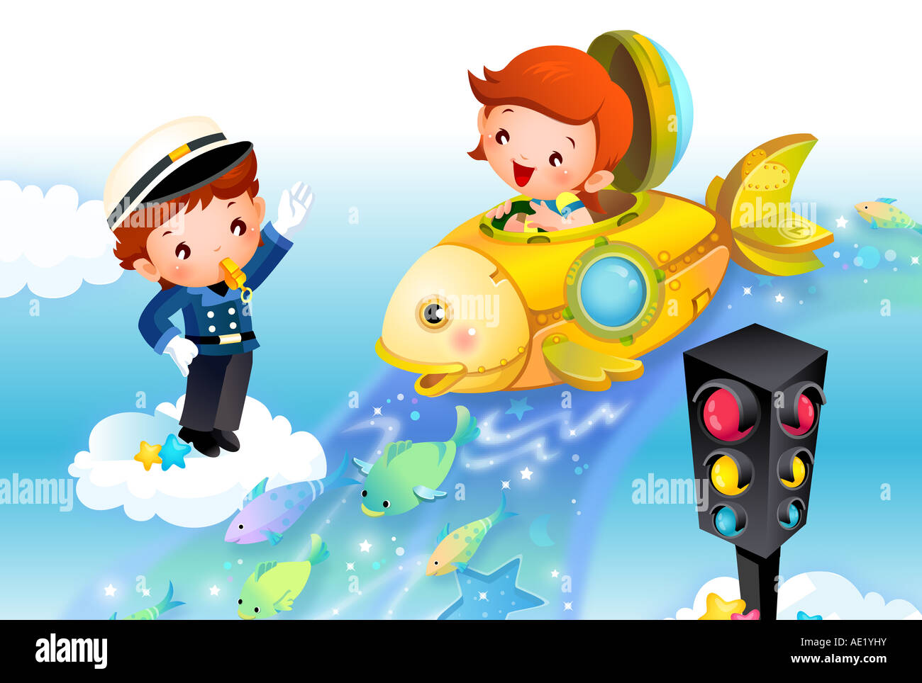 Girl driving a submarine with a traffic cop whistling at a traffic light Stock Photo