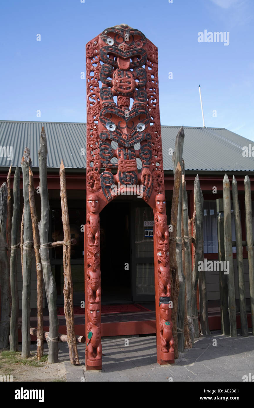 ROTORUA NORTH ISLAND NEW ZEALAND May wooden carved entrance pillar produced by Arts and Crafts Institute of Te Puia  New Zealands Cultural Experience Stock Photo
