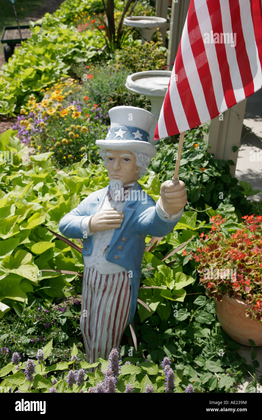 Valparaiso Indiana,Windy Ridge Farms,nursery,Uncle Sam garden ornament statue,US flag,visitors travel traveling tour tourist tourism landmark landmark Stock Photo