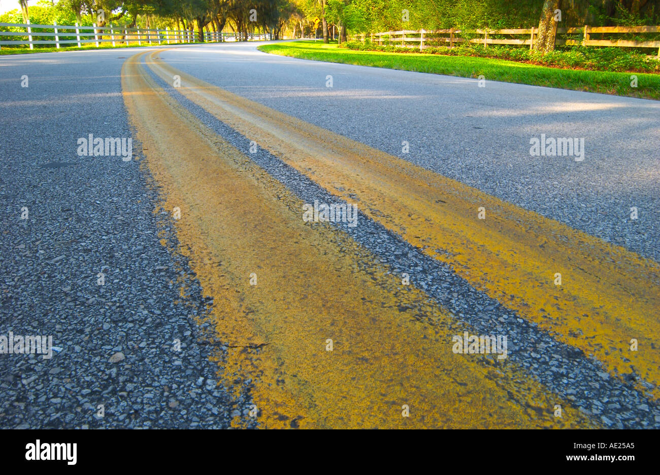 solid yellow lines on road mark no passing zone Stock Photo Alamy