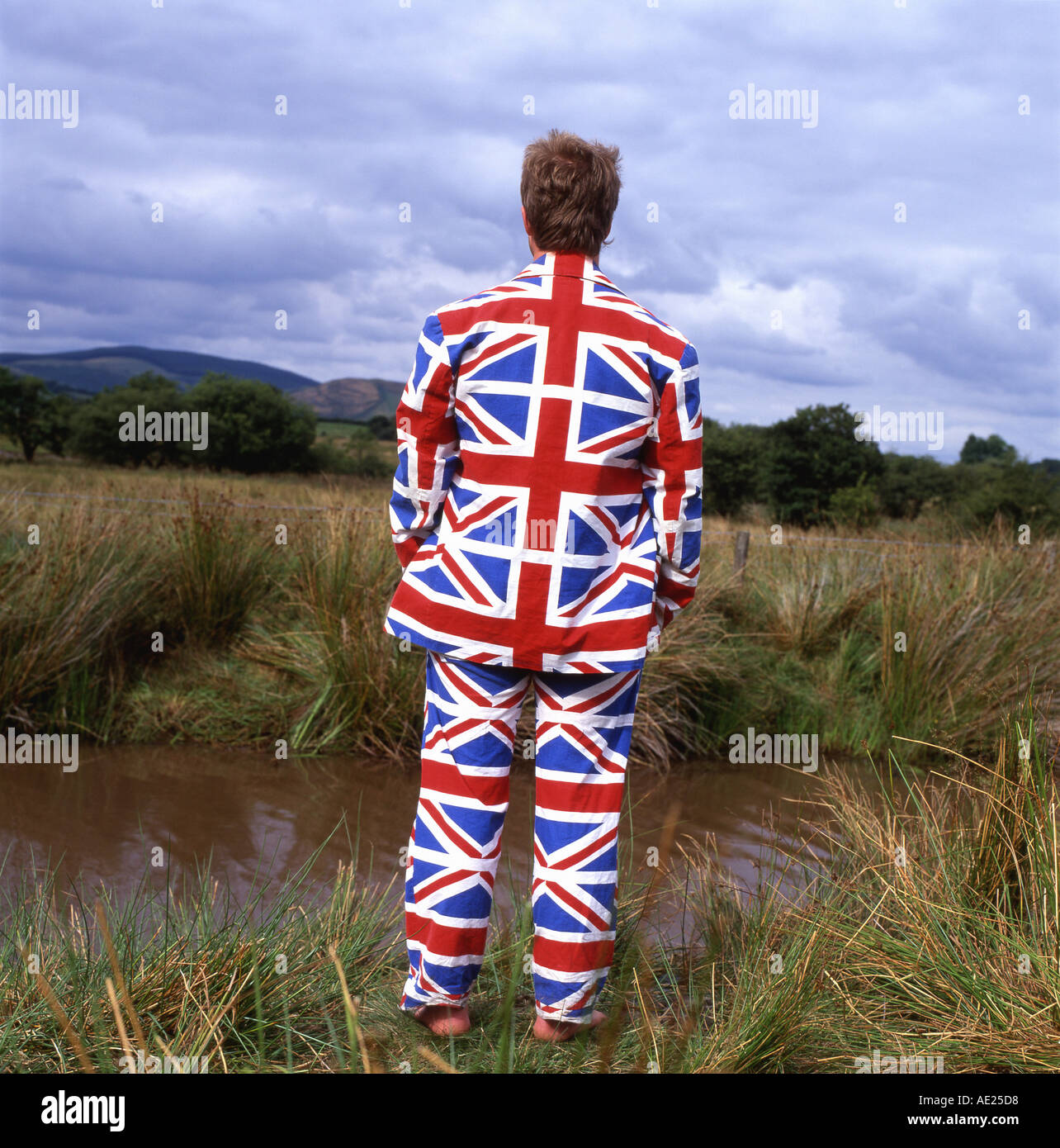 Man wearing Union Jack clothing suit UK Stock Photo