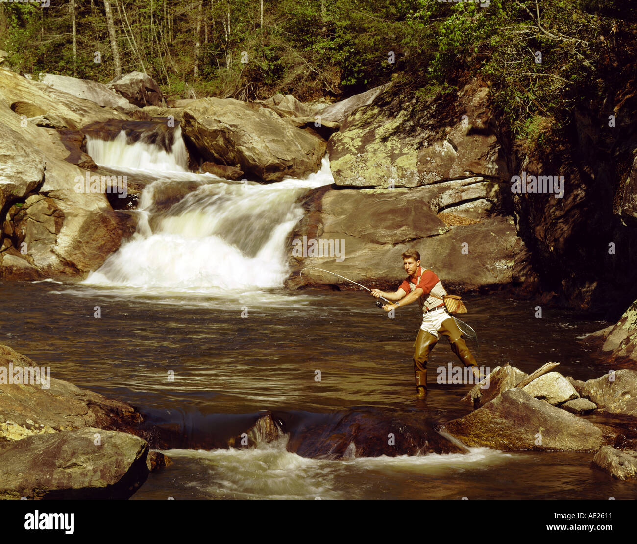 man fly fishing for trout in a stream in the Smoky Mountain National Park USA Stock Photo
