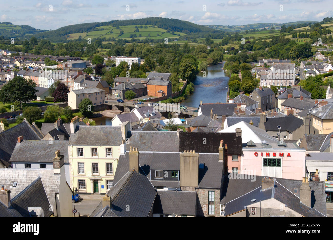View over Brecon town centre toward River Usk and hills beyond Powys Wales UK GB EU Stock Photo