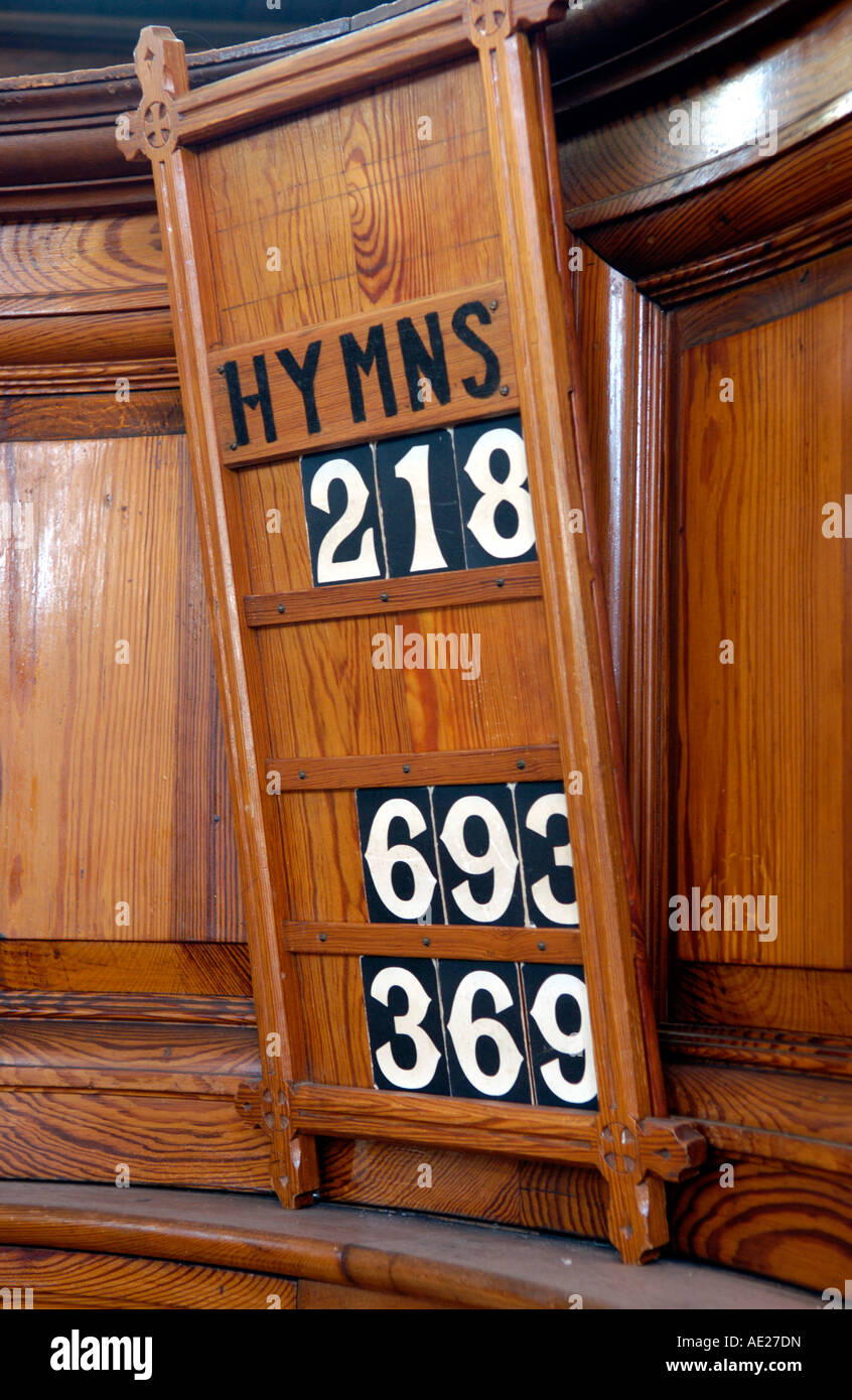 Hymn numbers board in the redundant Grade II* listed Bethania Welsh Baptist Chapel Maesteg South Wales UK built 1908 Stock Photo