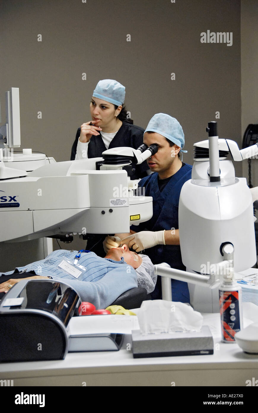 PRK and Lasik laser eye surgery is state of the art vision correction and surgical operation is performed at a laser eye center Stock Photo