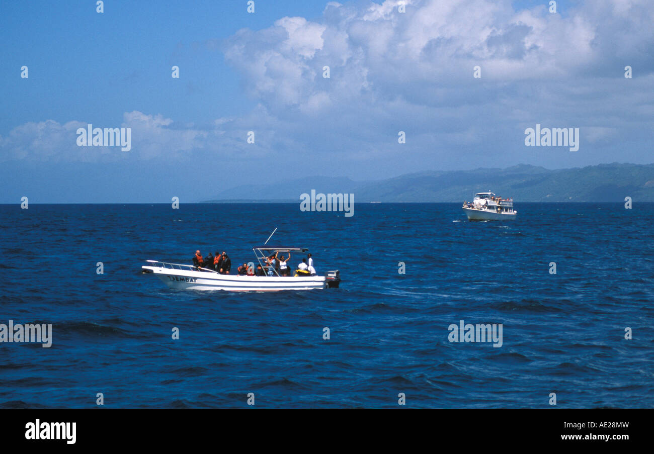 Humpback whale watching boat whale-watchers Samana Peninsula Dominican Republic ecotourism sustainable tourism eco-tourism Stock Photo