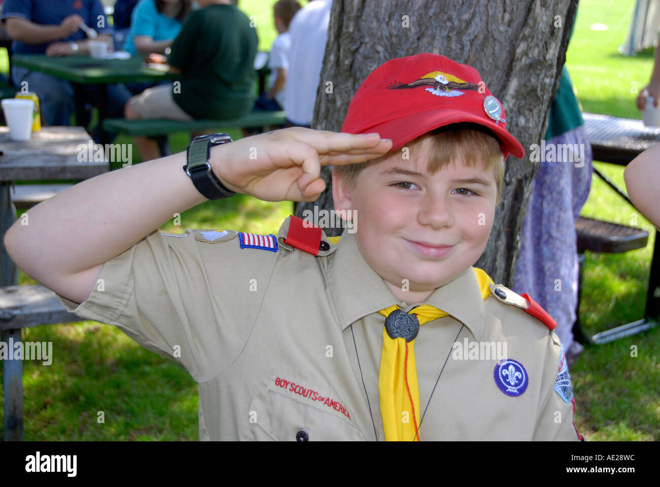Boy scout in uniform performs three finger salute Stock Photo Alamy
