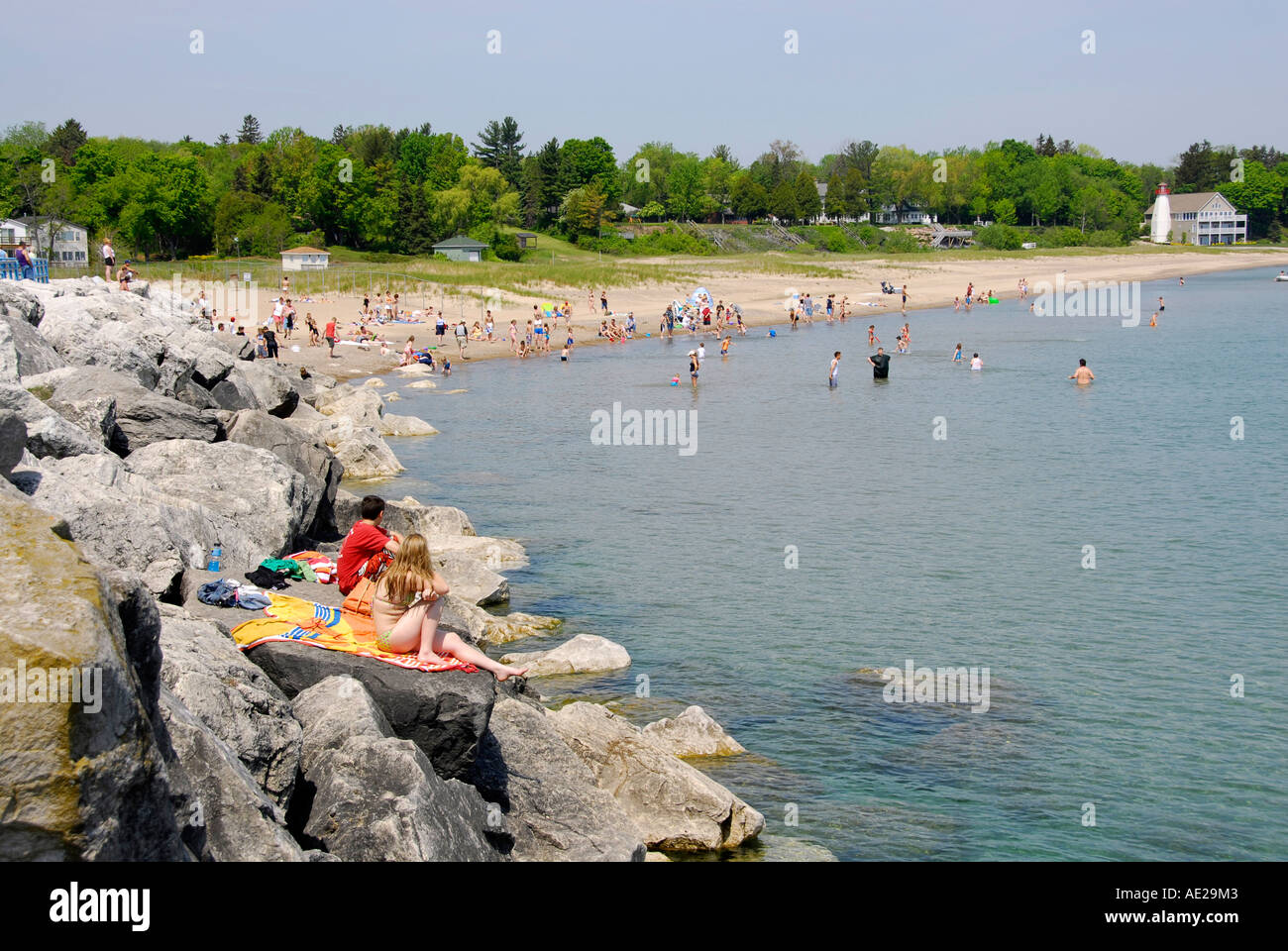 Bathers swim at Lexington Michigan beach Stock Photo Alamy