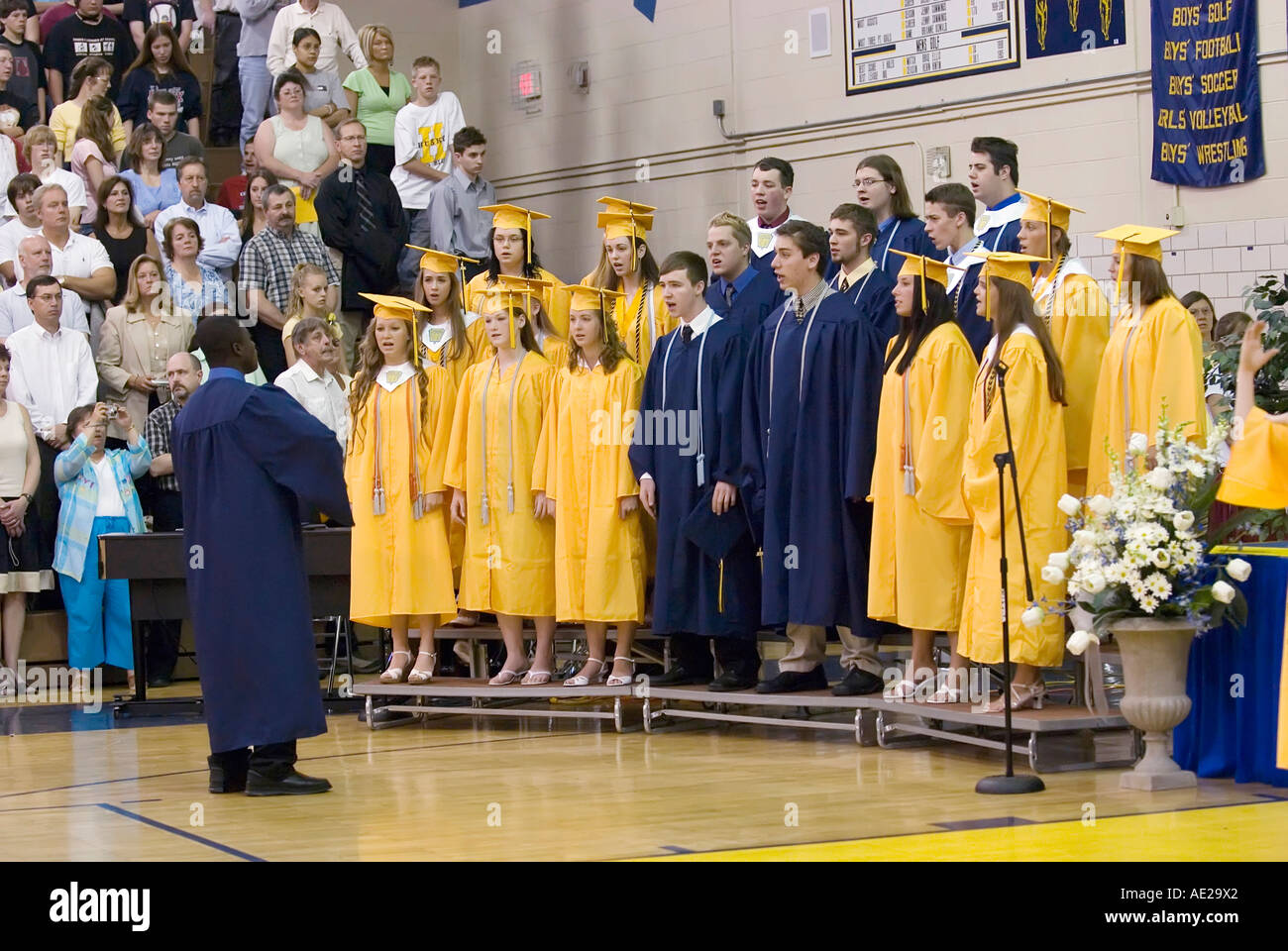 Cap and gown Commencement high school graduation ceremonies at Port