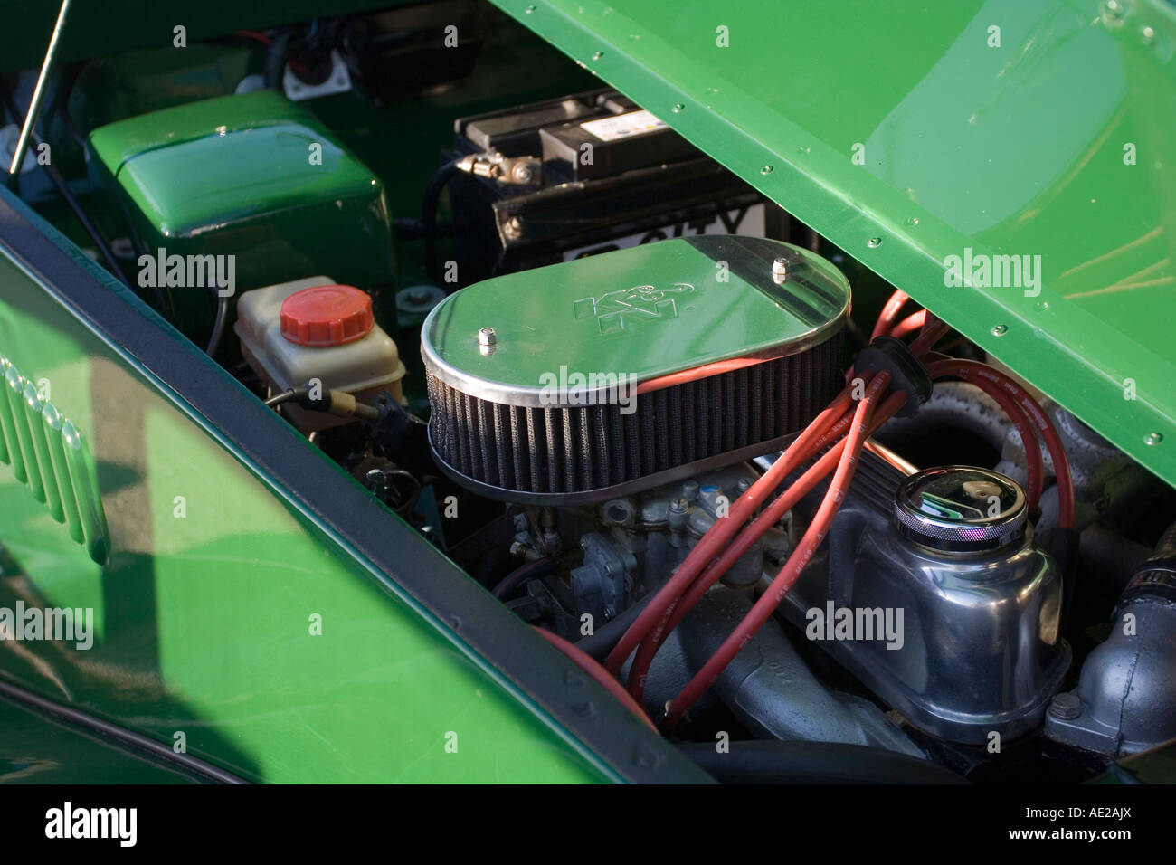Engine compartment of a 1950's Gentry open top sports car Stock Photo