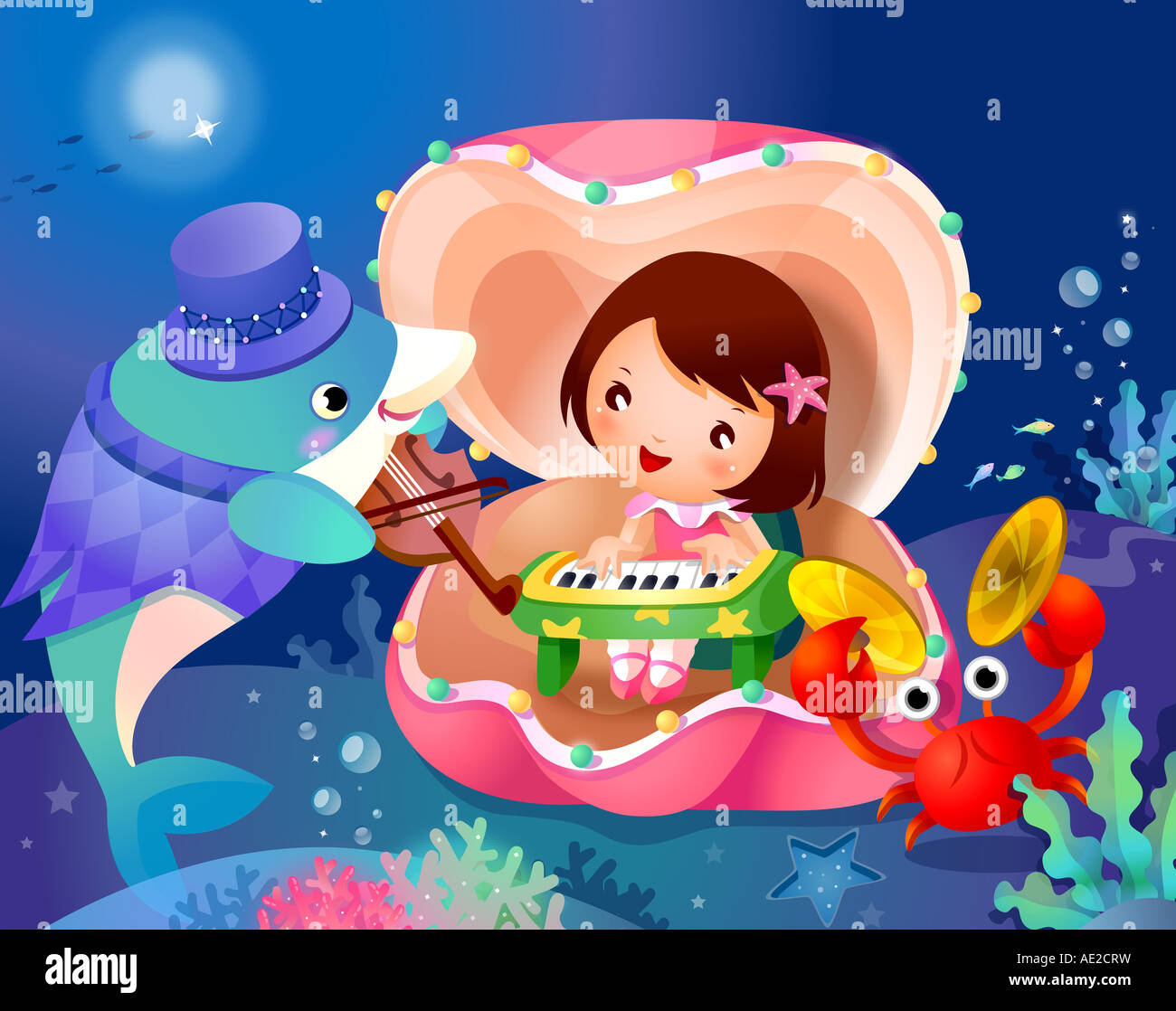 Girl playing a piano in a shell with a dolphin fish and a crab Stock ...