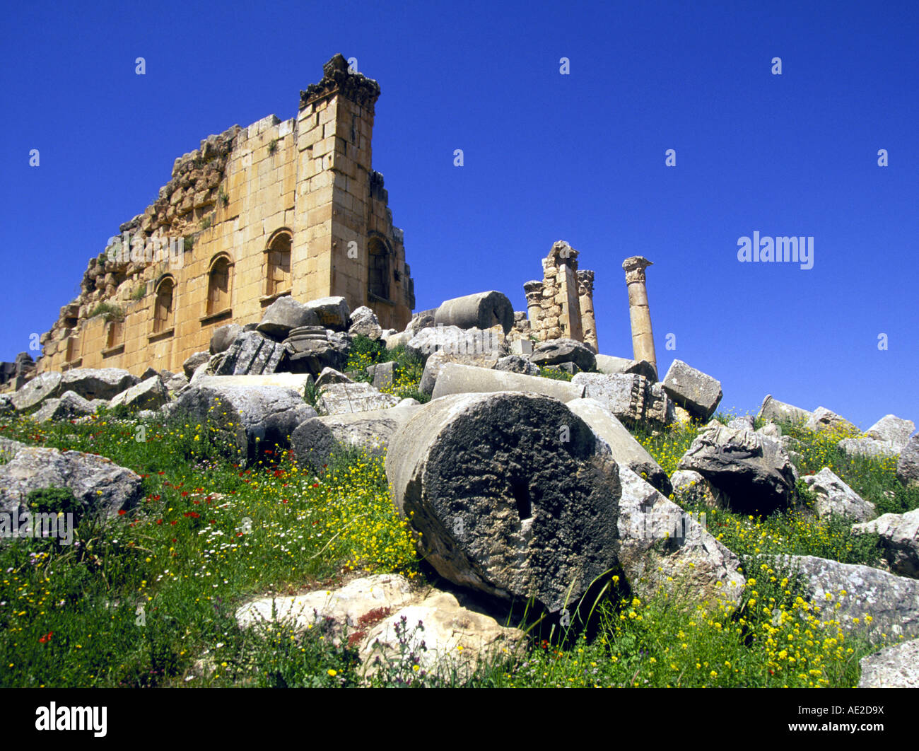 A view of the stone ruins in the ancient Roman and Crusader city of Jerash near Amman Jordan Stock Photo
