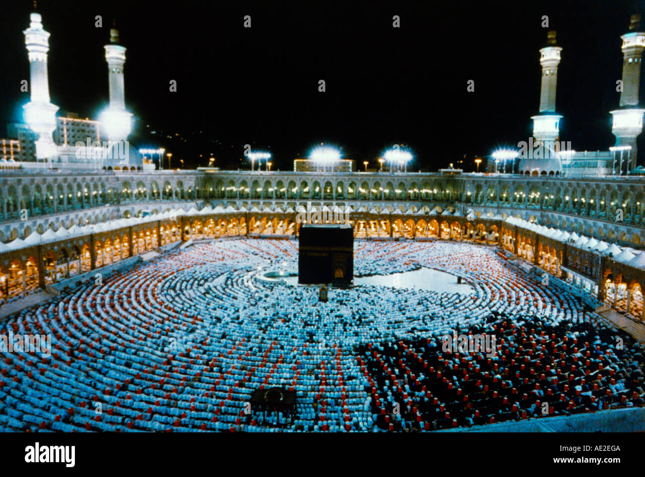 Makkah Saudi Arabia Hajj Pilgrims around the Kaaba at Masjid Al-Harem at Night Stock Photo