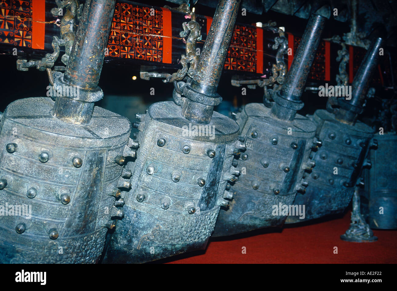 WUCHANG HUBEI CHINA Original bells of Marquis Zeng Imperial ruler Studded metalwork Stock Photo
