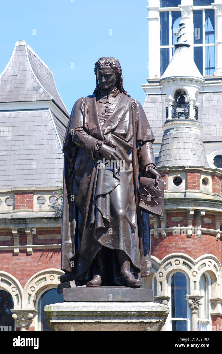 Isaac Newton statue and Guildhall, Grantham, Lincolnshire, England, UK Stock Photo