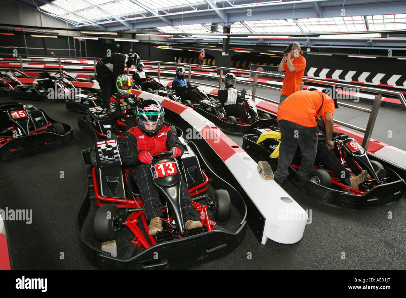 Indoor Go Karting At Docklands Raceway London Stock Photo