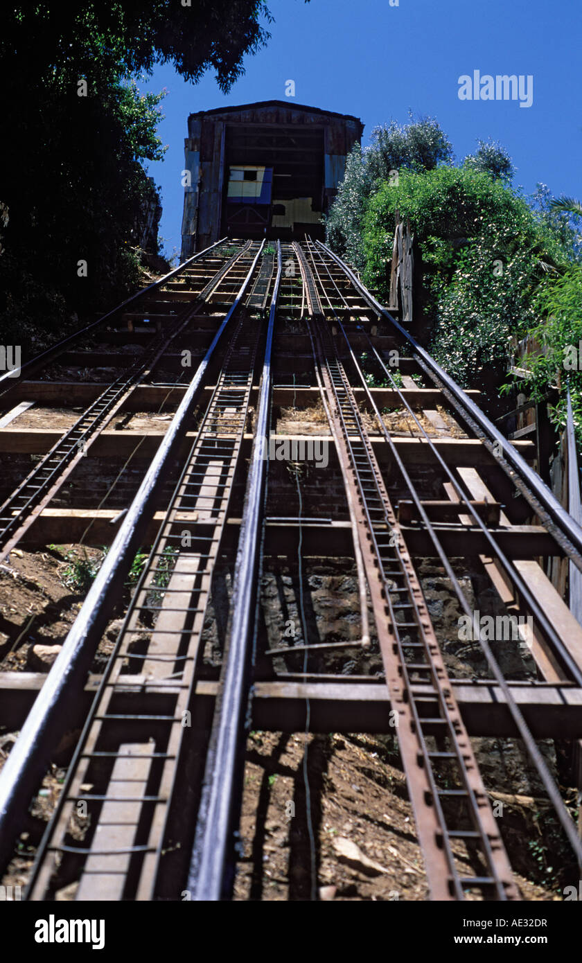 A view from the car of a funicular railway as it ascends to a hilltop residential area of Valparaiso, Chile. Stock Photo