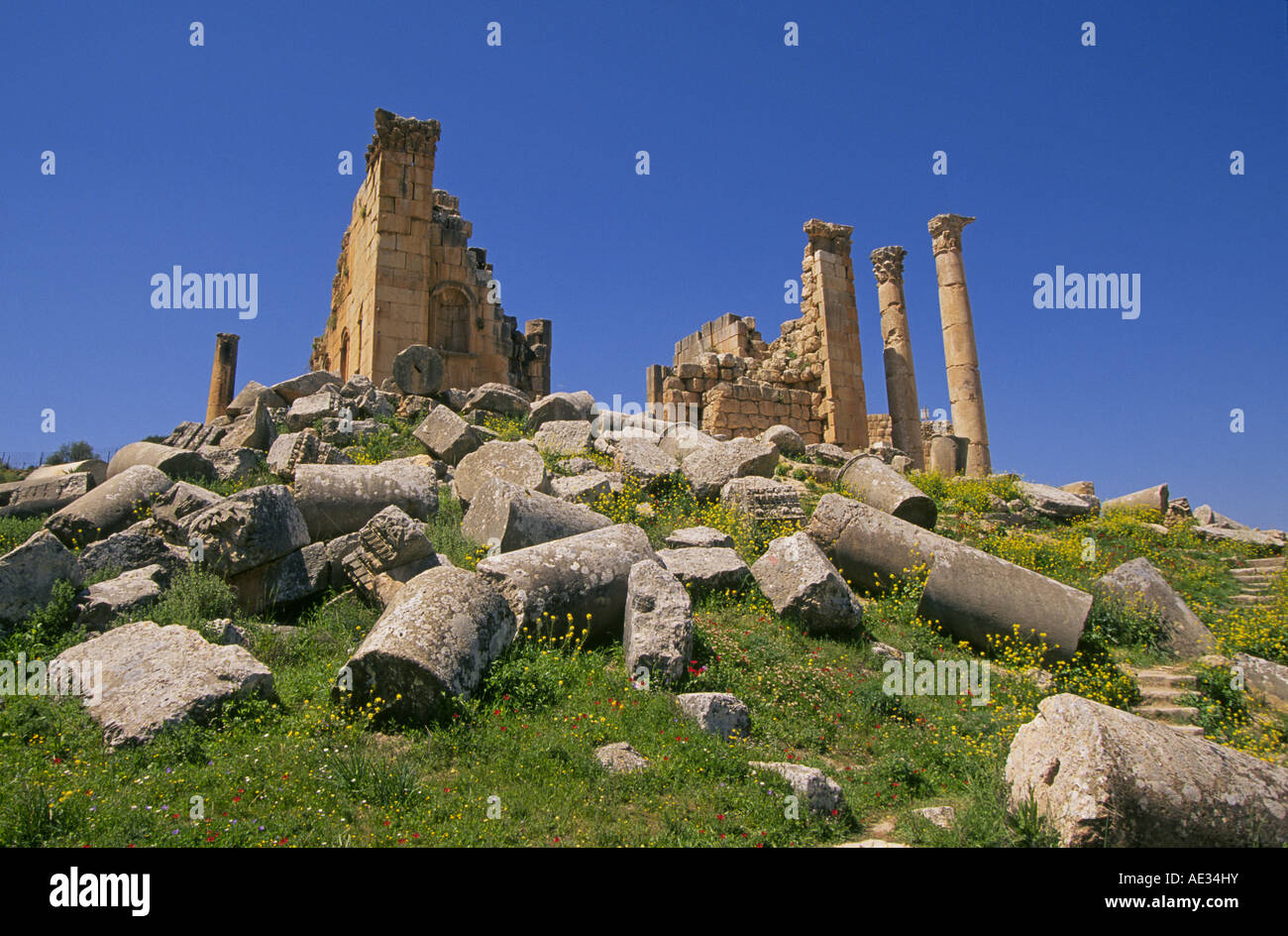A view of the stone ruins in the ancient Roman and Crusader city of Jerash near Amman Jordan Stock Photo