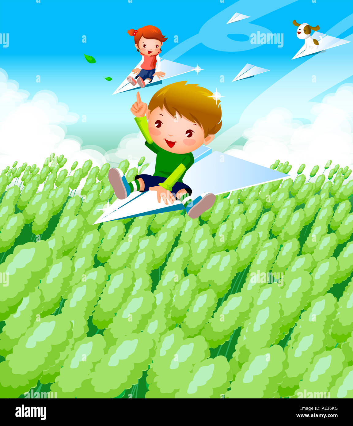 Boy and a girl flying on paper airplanes over a field Stock Photo - Alamy