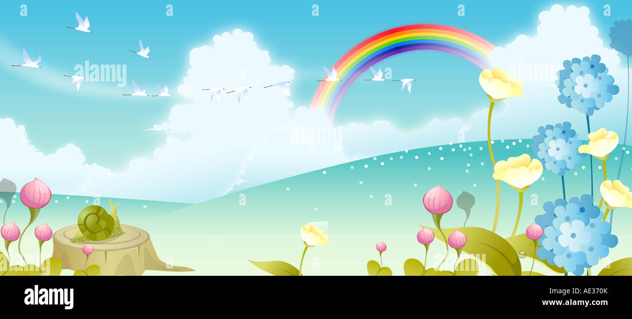 Flock of birds flying in the sky with a rainbow in the background Stock ...