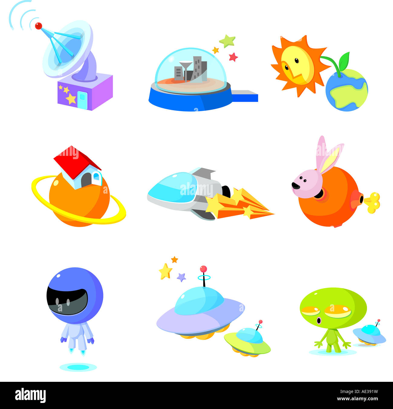 Various space related things with aliens on a white background Stock