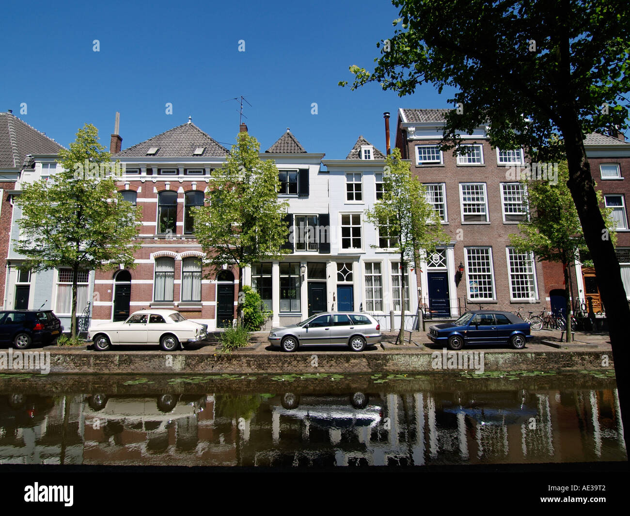 Typical traditional Dutch homes along the Oude Delft canal in the