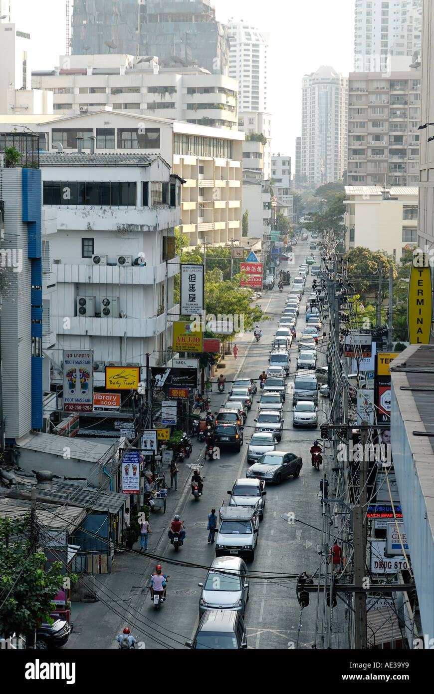 Typically congested Bangkok street as seen from the Skytrain station Stock Photo