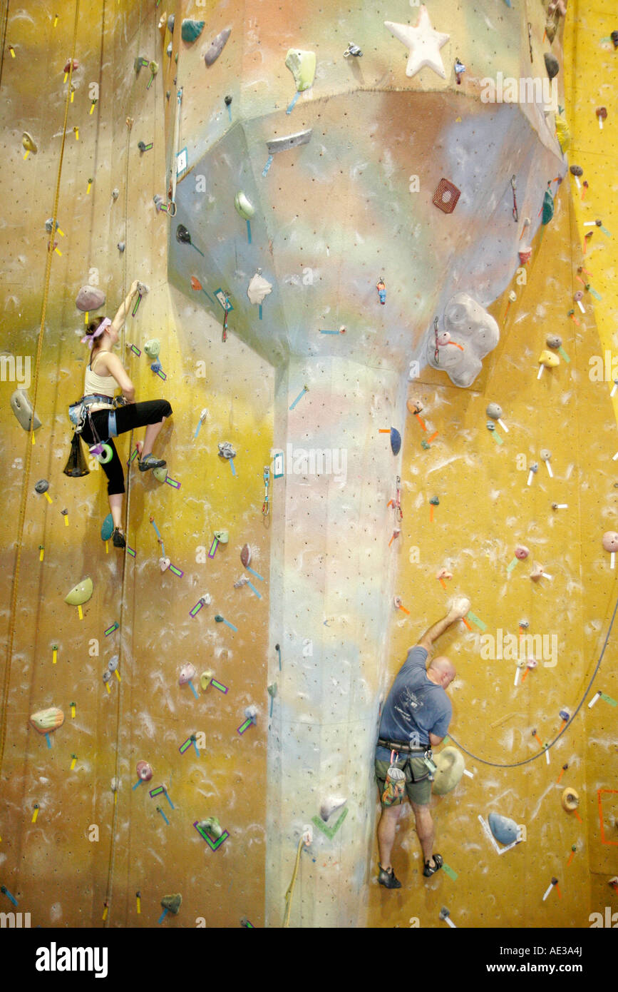 Ann Arbor Michigan,Planet Rock Climbing Gym,foothold,handhold,tethered,harness,MI070720179 Stock Photo