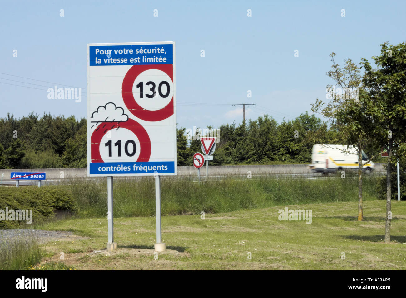 speed limit signs for 130 and 110 km hr on a motorway in France Stock
