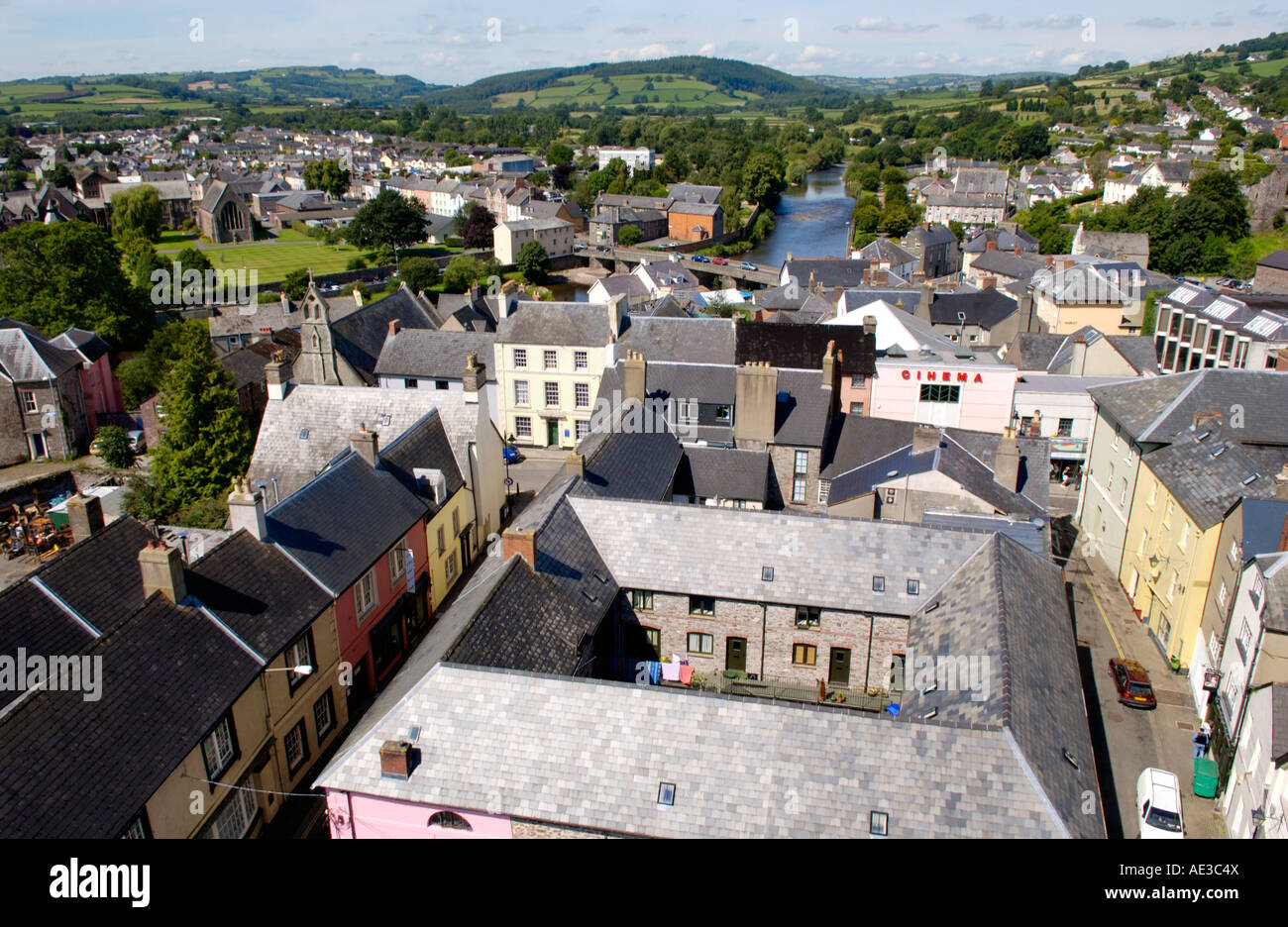 View over Brecon town centre with River Usk and hills beyond Powys Wales UK GB EU Stock Photo