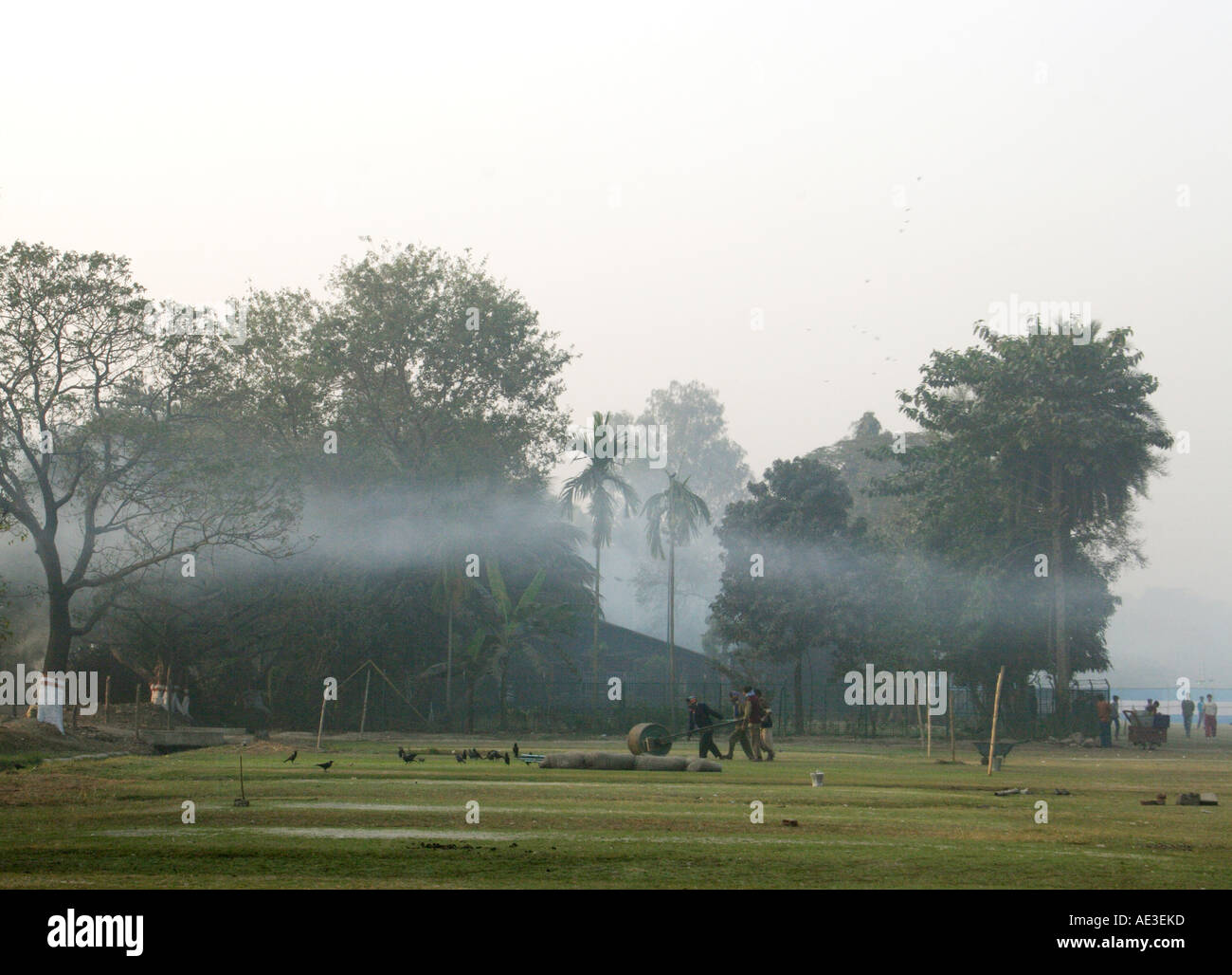 Early dawn in Calcutta wicket being prepared Stock Photo
