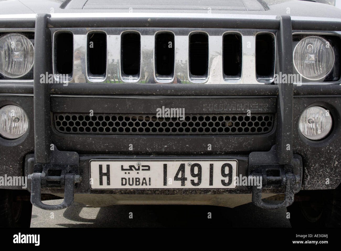 car license plate and front of a Hummer off road vehicle, Dubai, United Arab Emirates. Photo by