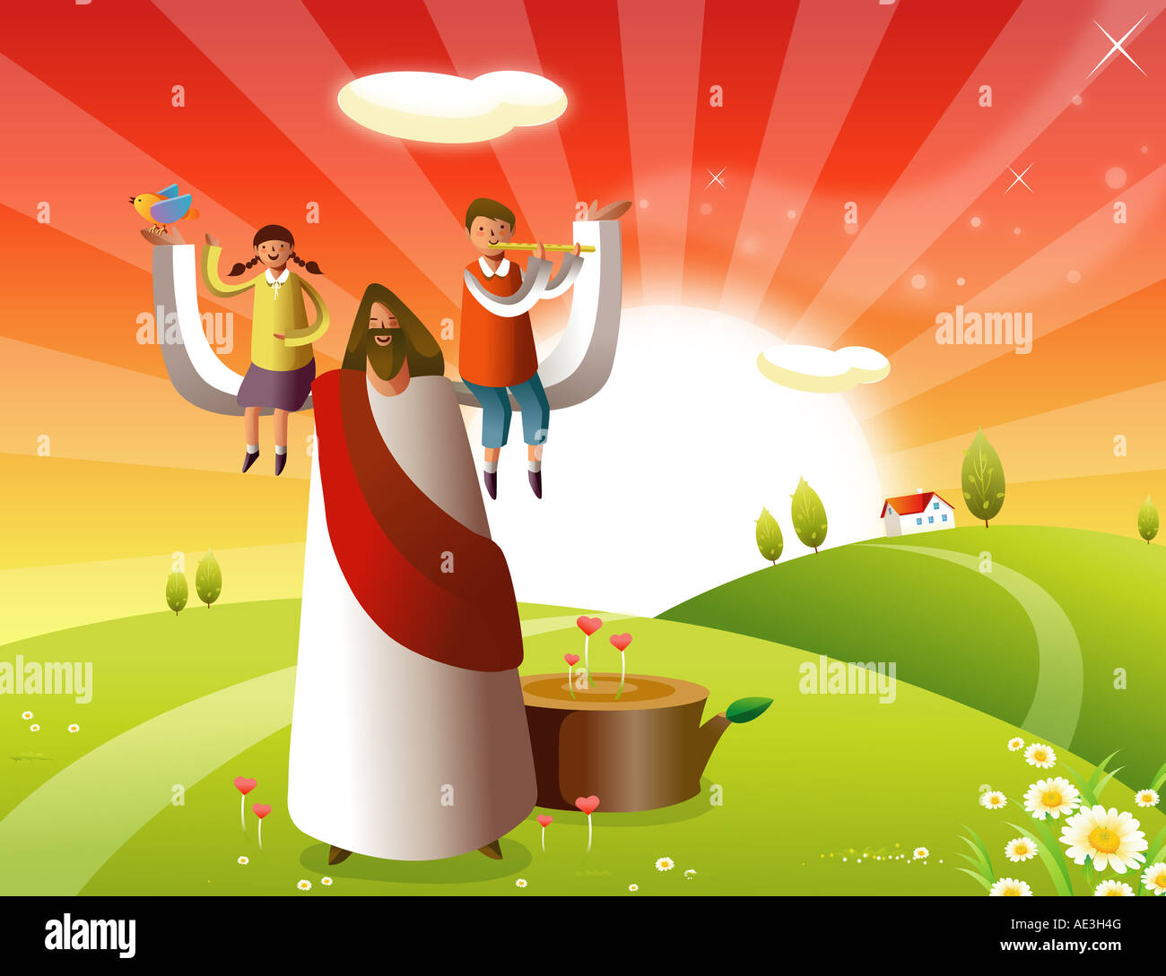 Boy and a girl sitting on shoulders of Jesus Christ Stock Photo - Alamy