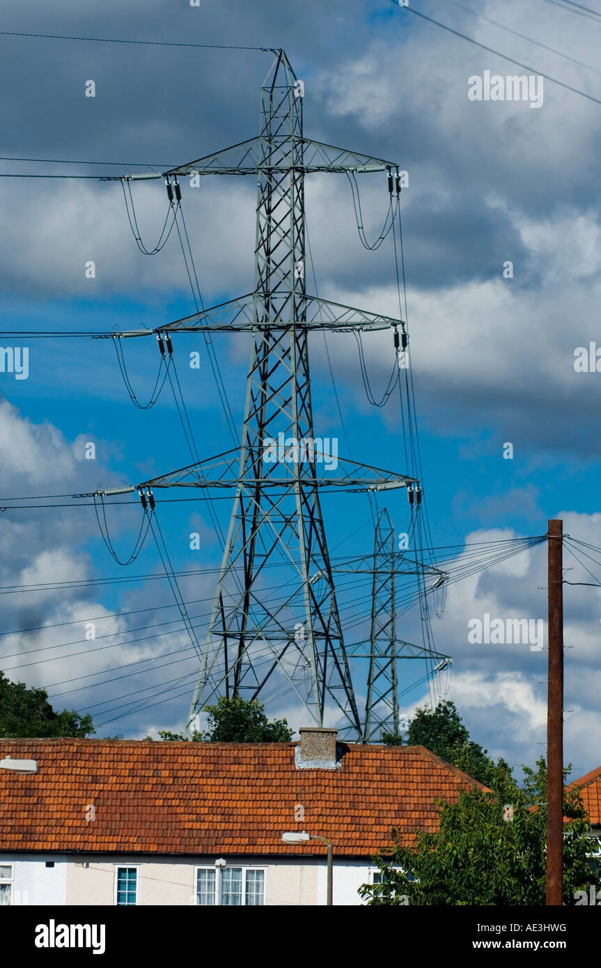 High voltage AC transmission pylon in urban residential area Worcester