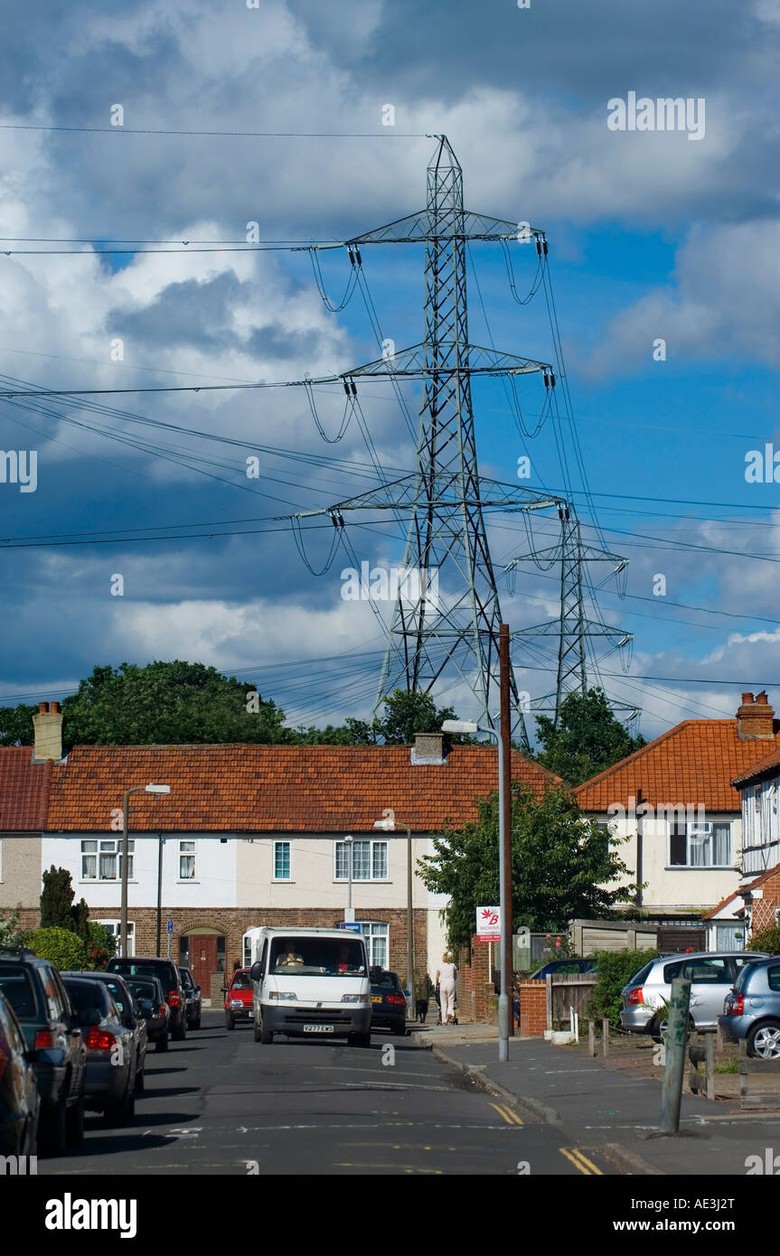 High voltage AC transmission pylon in urban residential area Worcester ...