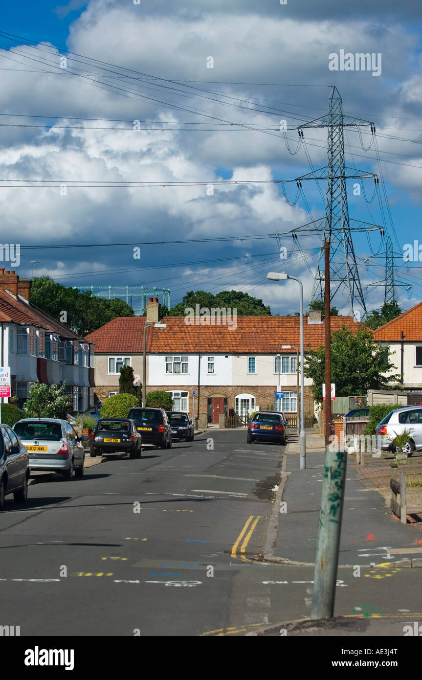 High voltage AC transmission pylon in urban residential area Worcester