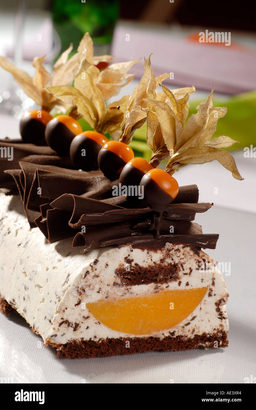 Cream Cake Topped with Chocolate and Physalis Stock Photo