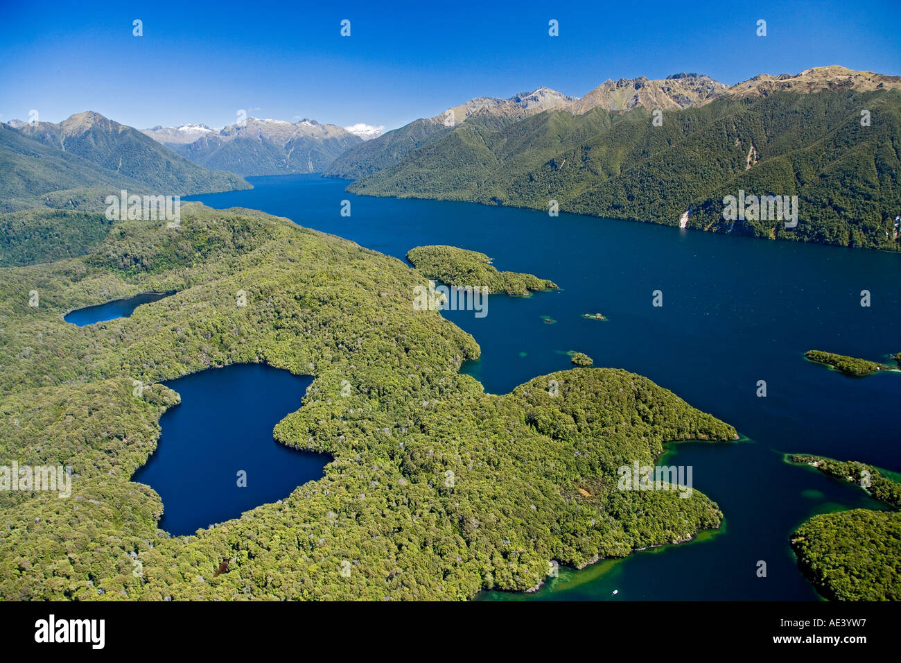 Lakes and South Fiord Lake Te Anau Fiordland National Park South Island New Zealand aerial Stock Photo