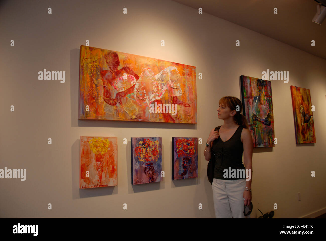 Woman browsing art gallery ArtJaz mod rel Philadelphia Pennsylvania PA USA Stock Photo