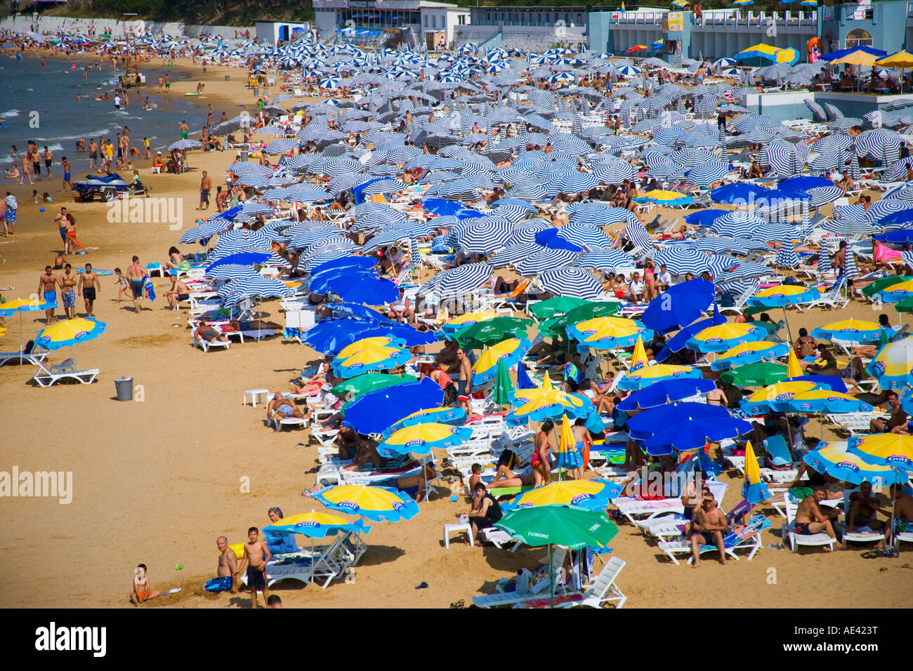 Big beach umbrellas at a private beach aerial Kilyos Black Sea coast of