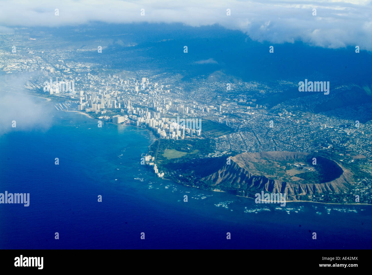 Aerial view of Honolulu, Waikiki and Diamond Head, Oahu, Hawaii, United ...