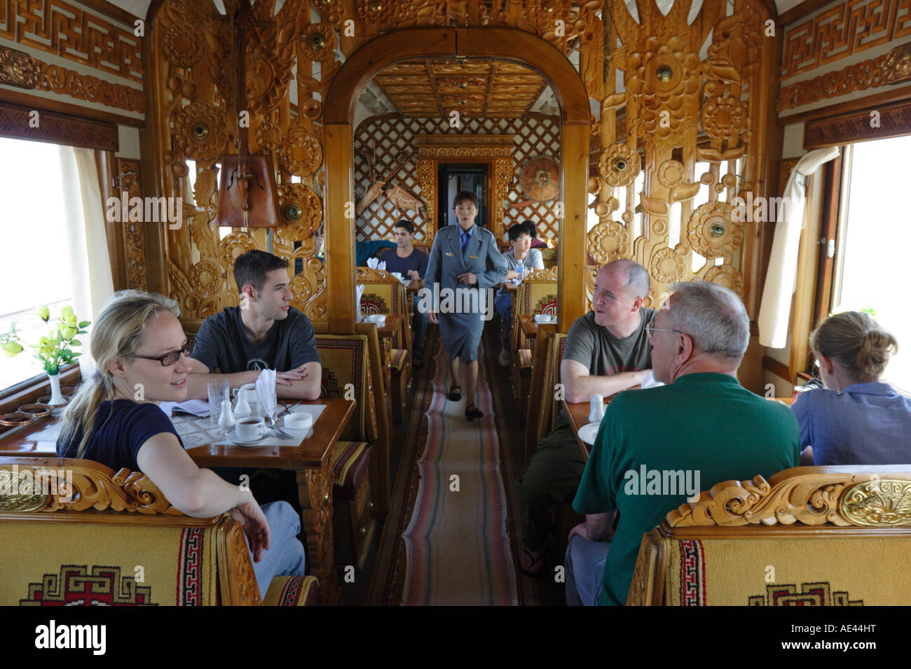 The restaurant car of the Trans-Mongolian train, Mongolia, Central Asia, Asia Stock Photo