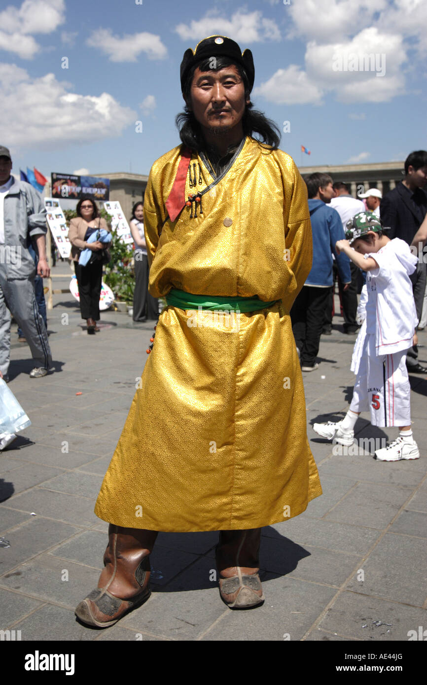 Mongolian man dressed as Ghengis Khan during the Children's Day festival, Ulaan Baatar, Mongolia, Central Asia, Asia Stock Photo