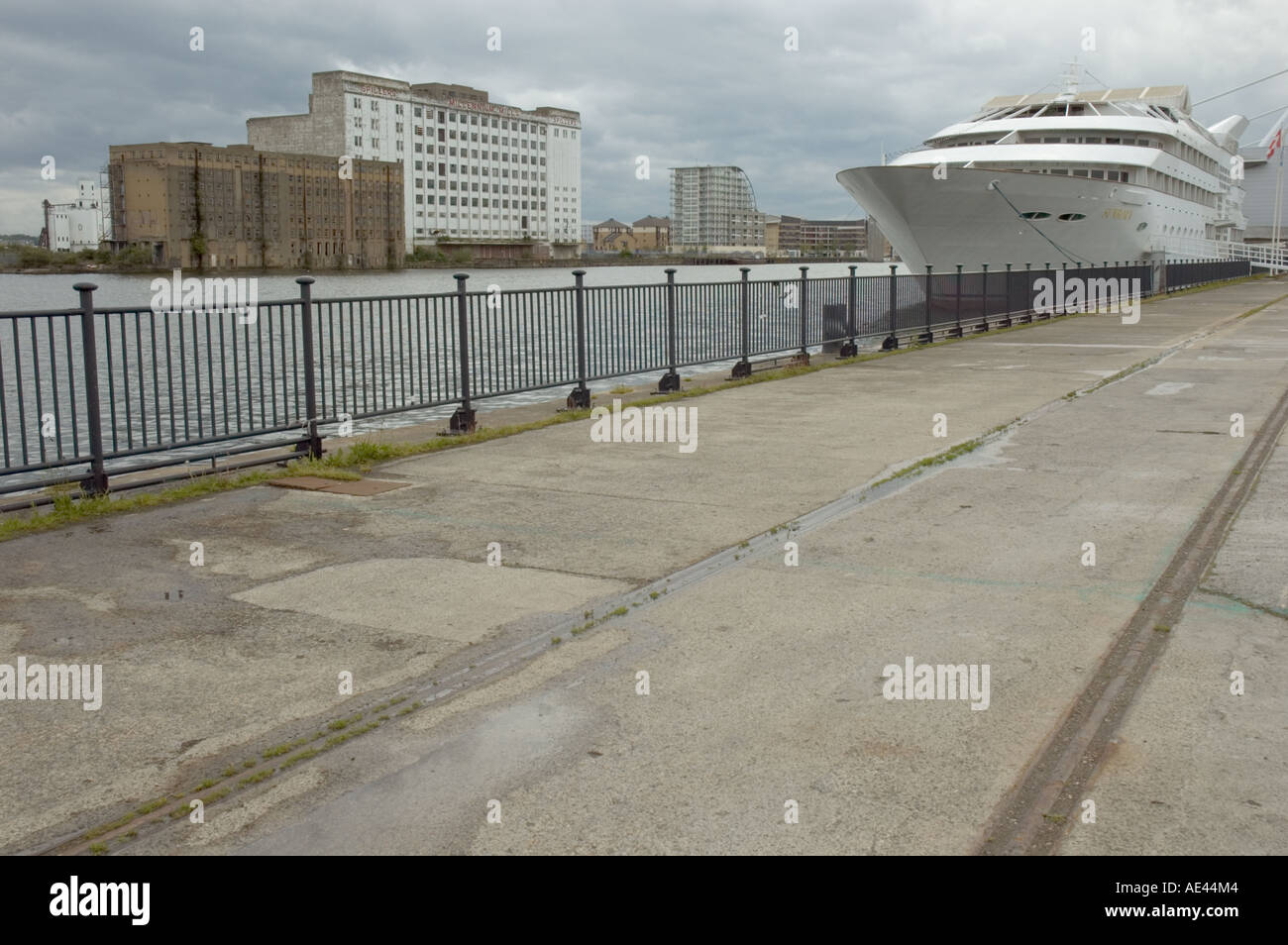 Royal Victoria Dock waterfront showing the Yacht Hotel and the disused