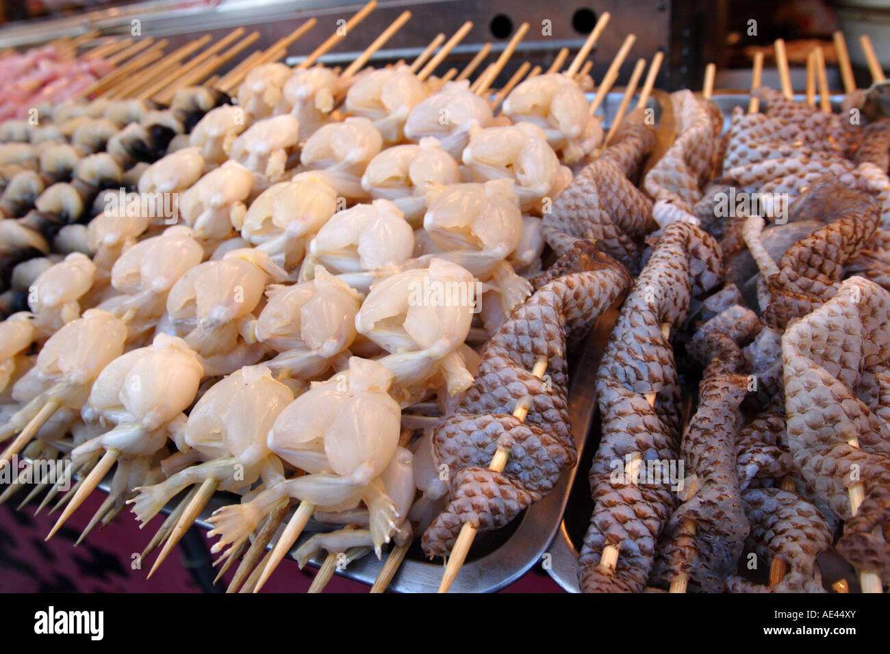 Frogs legs and snake skin at Donghuamen Yeshi night market, Beijing, China, Asia Stock Photo