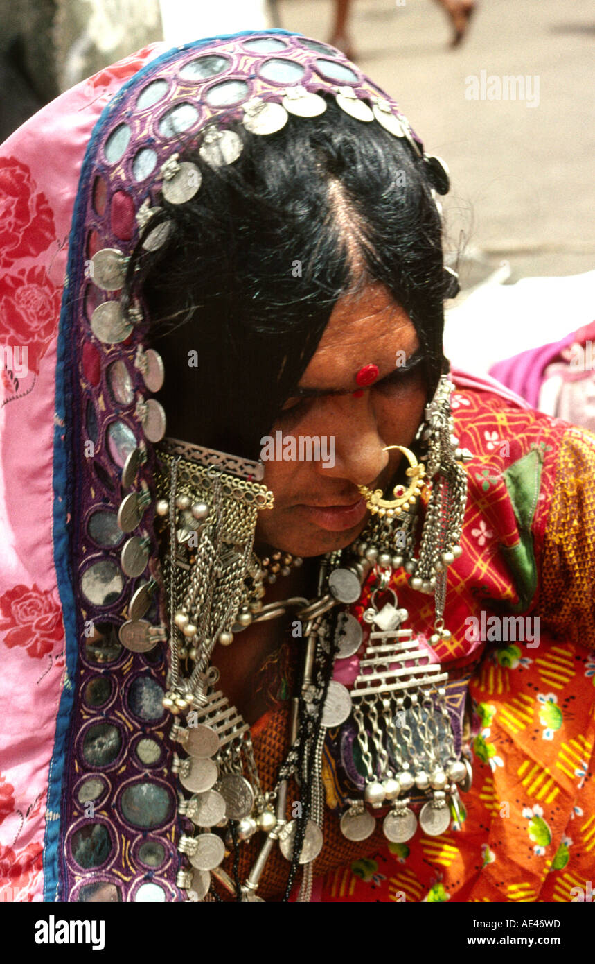 India Goa Mapusa market head of bejewelled Banjara tribal woman Stock Photo
